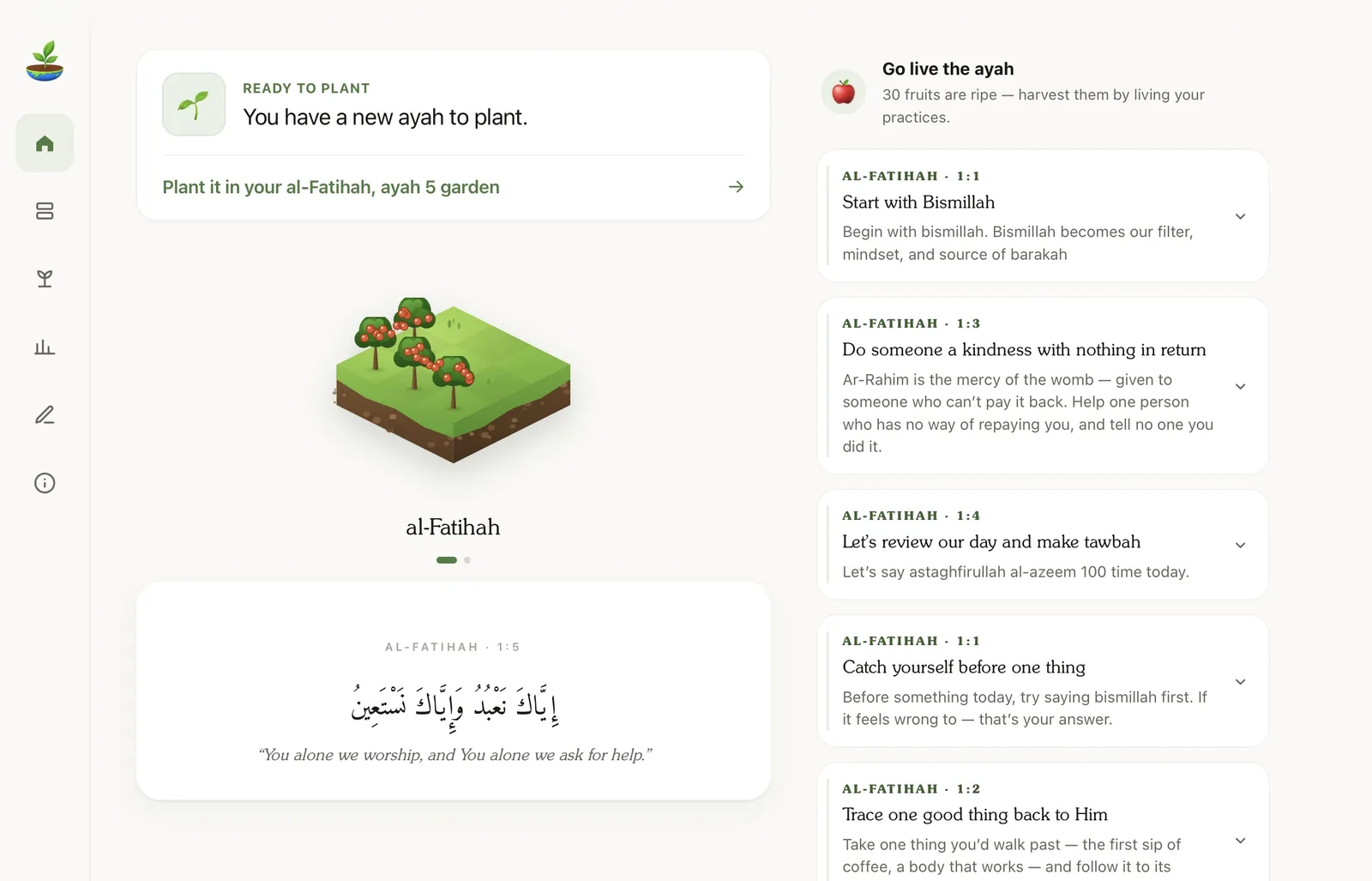 Shajar on iPad: the al-Fatihah garden, today’s ayah, and practices ready to live