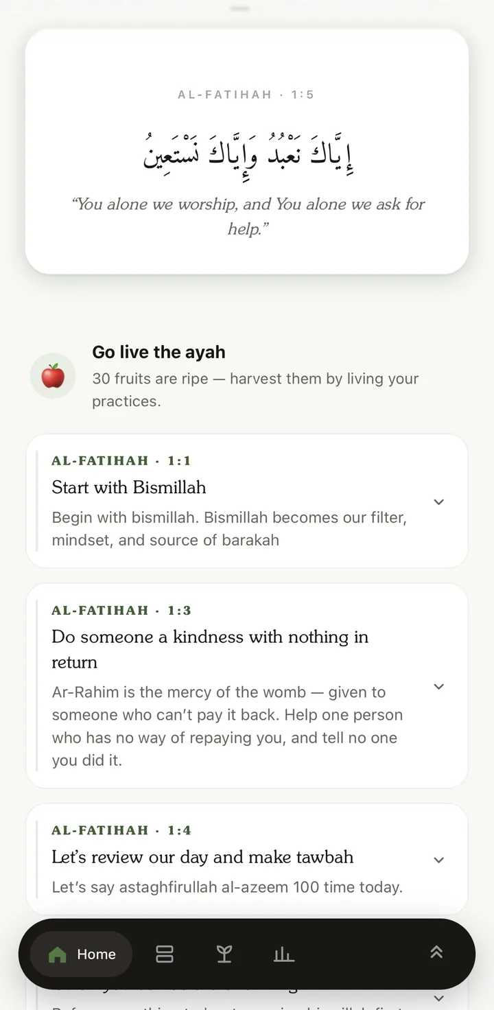 Go live the ayah: practices from al-Fatihah 1:1, 1:3 and 1:4