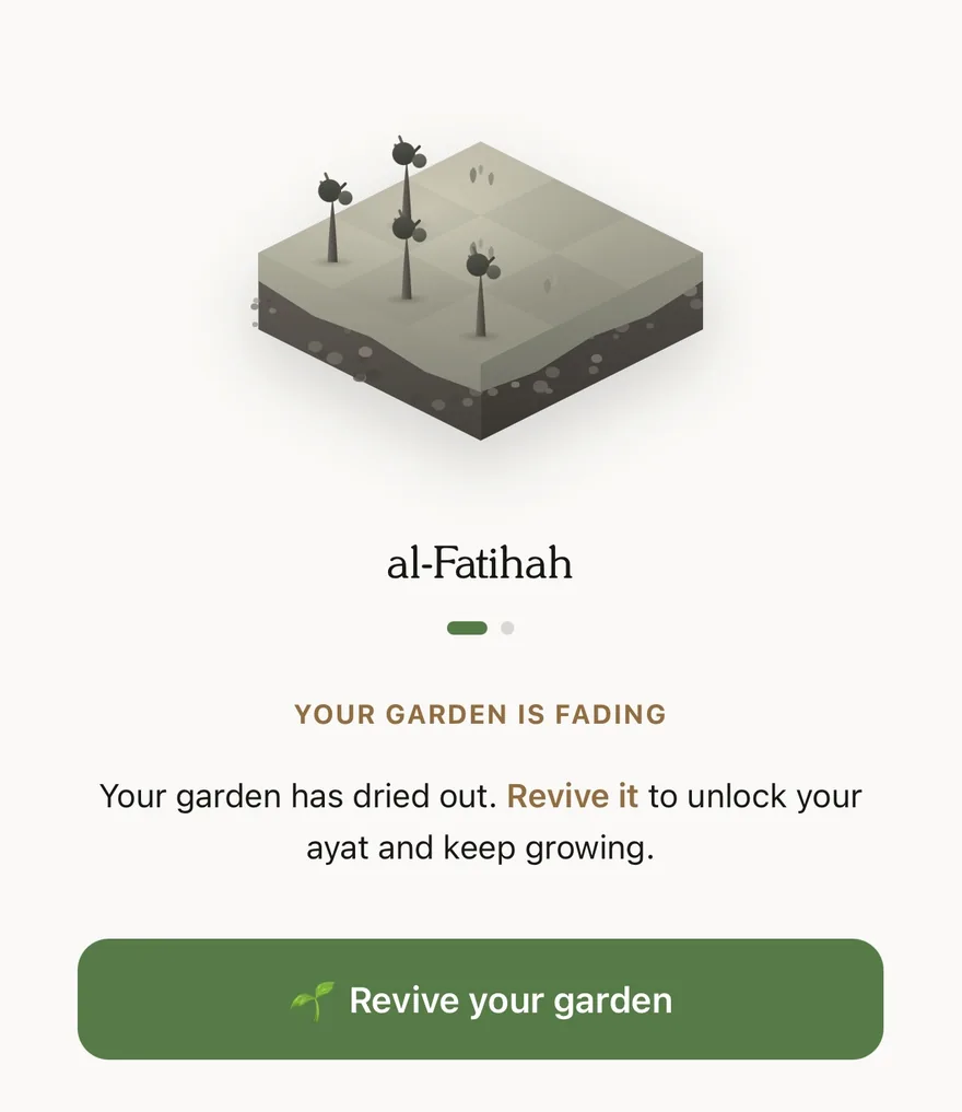 A withered al-Fatihah garden with a Revive your garden button